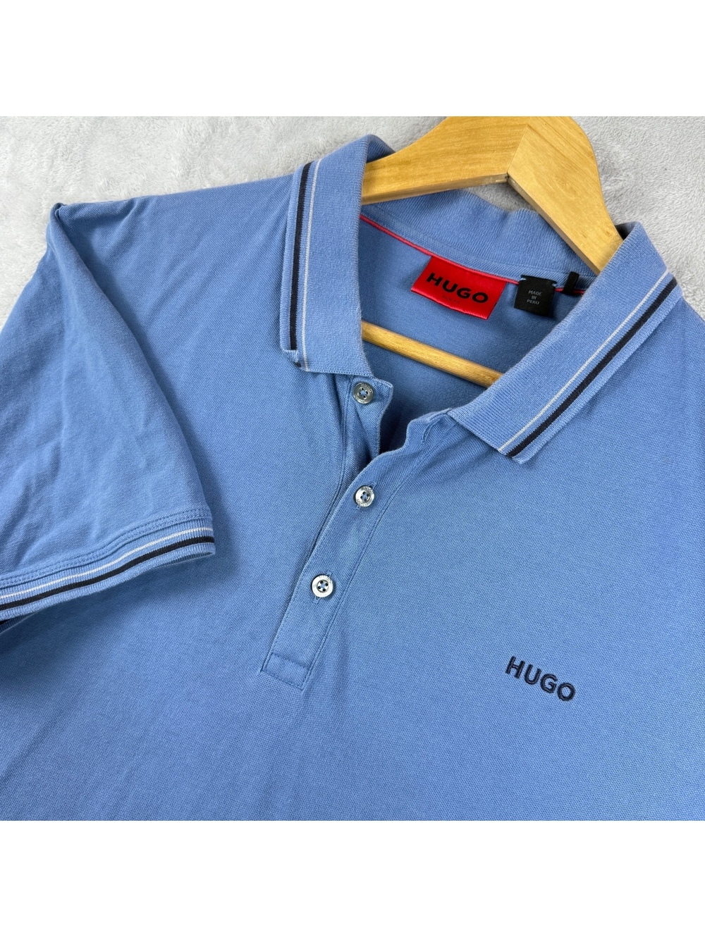 HUGO Boss Men XXL Blue Pique Polo Shirt Embroidered Logo Striped Trim Peru Prep